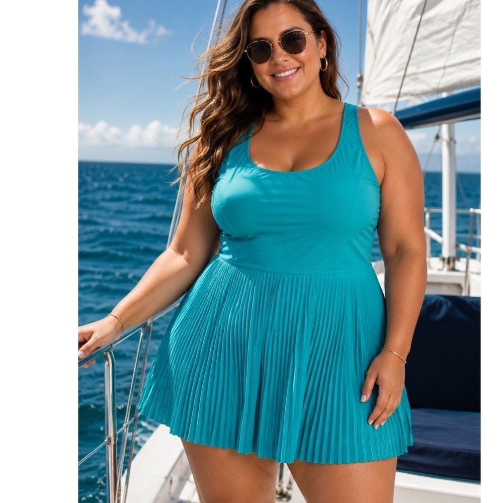 Crane swimsuit Dress Green Pleated Racerback XL 16-18 Beach resortwear